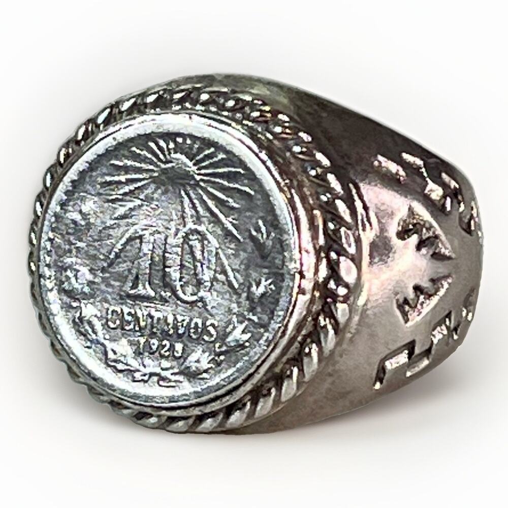 925 Sterling Mexico 1928 10 Centavos Ring 15mm VTG Sz 7.5 - 12.3g Signed